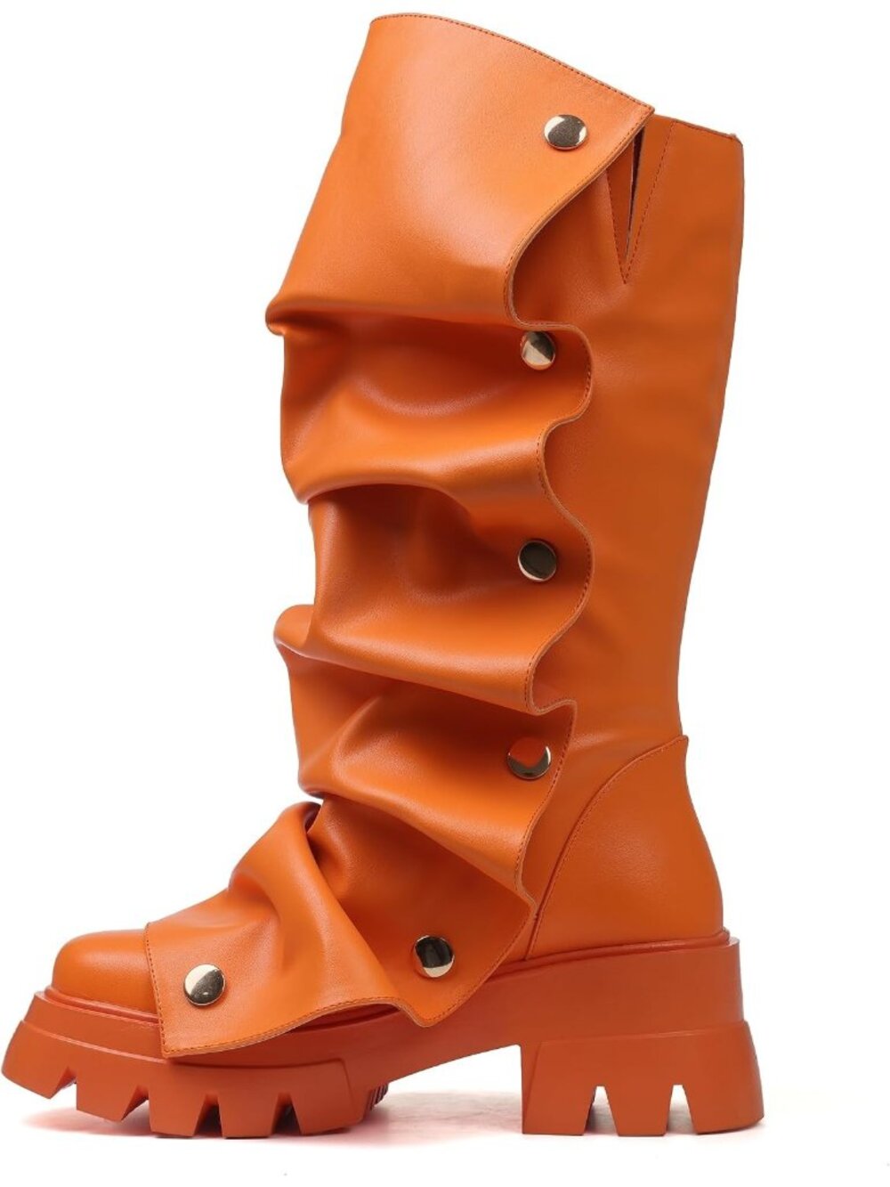 Women's Orange Faux Leather Fold Over Slouchy Chunky Stacked Round Toe Boots